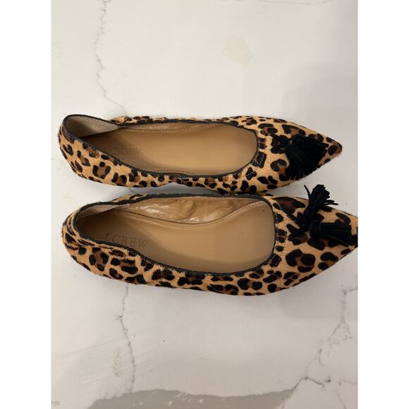J Crew Womens Leopard Animal Print Ballet Flats Shoes 7.5 Point Toe Tassel NWOT - Picture 2 of 9